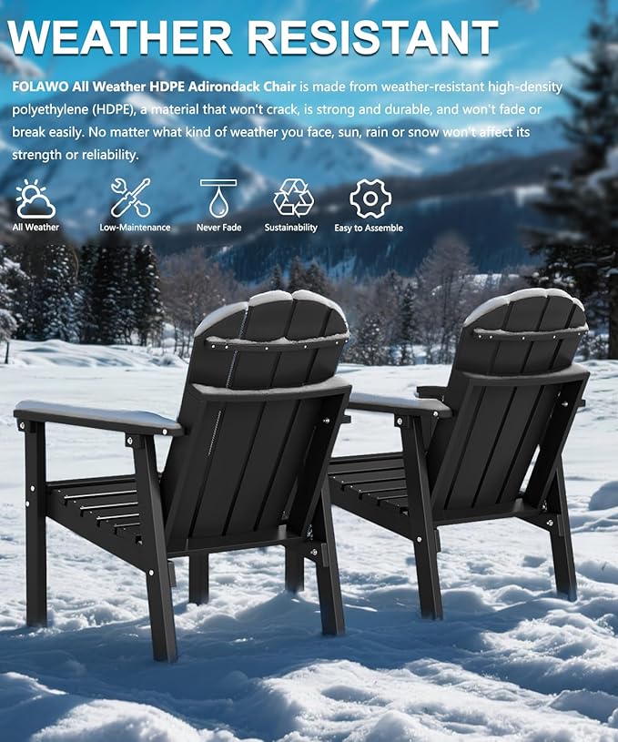 Adirondack Chair, All Weather HDPE Fire Pit Chairs, Oversized Plastic Adirondack Chair for Outdoor, Balcony, Deck, Backyard, Patio, Garden, Poolside, Lawn Black