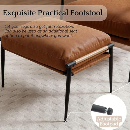 LukeAlon Mid-Century PU Leather Accent Chairs with Ottoman Set of 2, Soft Living Room Chairs with Metal Legs Modern Upholstered Armchairs Lounge Chair with Footstool for Bedroom Reading Room, Brown