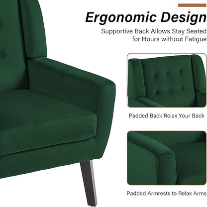 Lumibee Accent Chairs Set of 2, Velevet Fabric Armchairs for Living Room, Comfy Upholstered Arm Chairs Tufted for Indoor Bedroom Office Room (Retro Green Velvet)