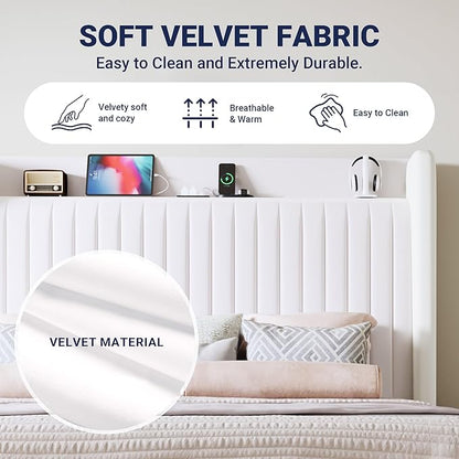 Allewie King Size Platform Bed Frame with USB Charging Station and Storage Shelf/Upholstered Velvet Wingback Headboard/Wooden Slats Support/No Box Spring Needed/Easy Assembly, White
