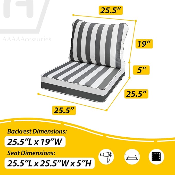 AAAAAcessories Outdoor Deep Seat Cushions, Waterproof, Fade-Resistant Patio Furniture Replacement Cushions, 25.5" x 25.5" x 5" + 25.5" x 19", Gray Cabana Stripe