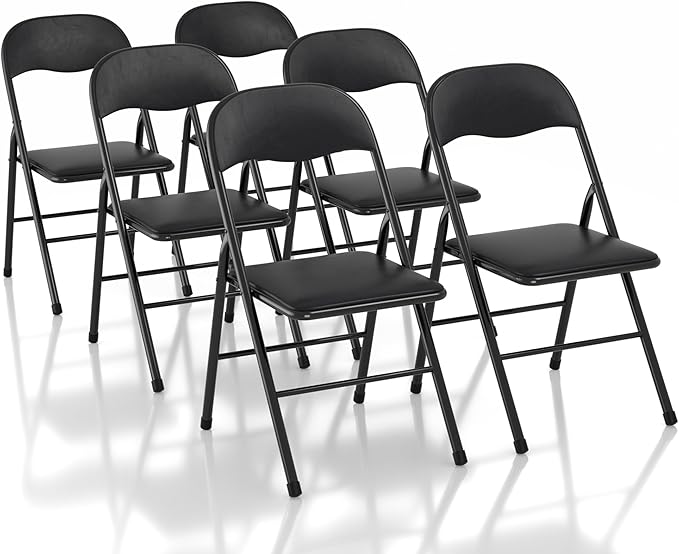 VECELO Folding Chairs 6 Pack Metal Portable with Soft PU Padded Seats for Home/Office/Party, Black