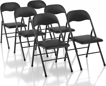 VECELO Folding Chairs 6 Pack Metal Portable with Soft PU Padded Seats for Home/Office/Party, Black