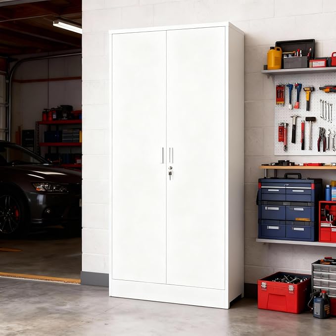 BESFUR Metal Cabinet with 5 Adjustable Shelves and 2 Doors, Locking Storage Cabinet for Garage, Classroom and Office -White