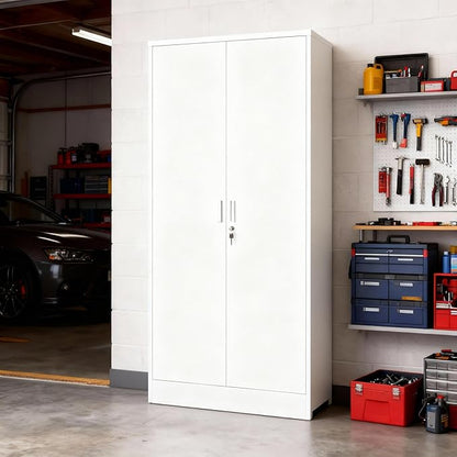 BESFUR Metal Cabinet with 5 Adjustable Shelves and 2 Doors, Locking Storage Cabinet for Garage, Classroom and Office -White