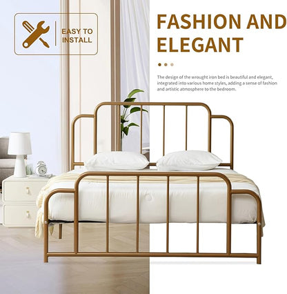 PINJU Metal Platform Bed Frame with Headboard and Footboard, Classic Style, Sturdy Metal Slats, No Box Spring Needed, Easy Installation (Gold, Queen)