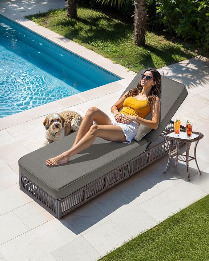 Luxury Outdoor Chaise Lounges with 5 Inch Thickened Cushions - Set of 2 High Back Brown Wicker Patio Recliners Rattan Reclining Chairs Porch Poolside Pool Sunbathing Lounger - Grey