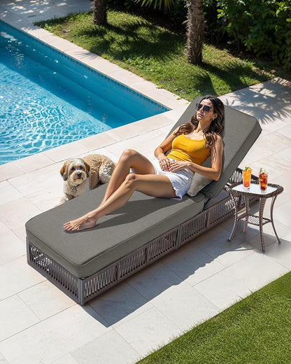 Luxury Outdoor Chaise Lounges with 5 Inch Thickened Cushions - Set of 2 High Back Brown Wicker Patio Recliners Rattan Reclining Chairs Porch Poolside Pool Sunbathing Lounger - Grey