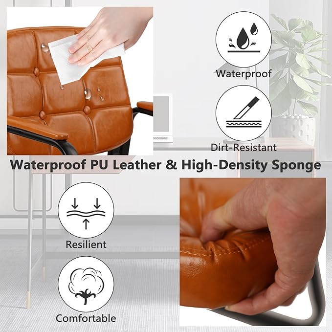 CLATINA Waiting Room Chairs with Padded Arms Leather Guest Chair no Wheels for Office Reception and Conference Desk with Sled Base Orange, 2PK