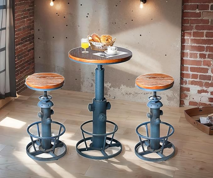Topower 3 Piece Pub Bar Set Retro Round Bar Table and Stools for 2 Height Adjustable Pub Desk and Stools Match Bar Height and Counter Barstool Antique Blue(1 Table + 2 Chairs)