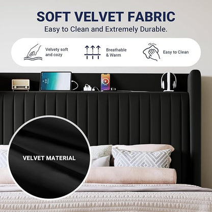 Allewie King Size Platform Bed Frame with USB Charging Station and Storage Shelf/Upholstered Velvet Wingback Headboard/Wooden Slats Support/No Box Spring Needed/Easy Assembly, Black