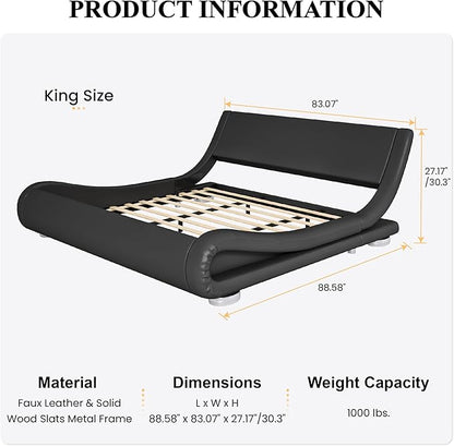 SHA CERLIN King Size Upholstered Bed Frame, Deluxe Low Profile Sleigh Bed with Faux Leather Ergonomics Headboard, No Box Spring Needed & Easy Assembly, Black
