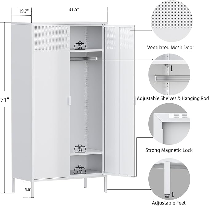 71 Inches White Metal Wardrobe Cabinet with Hanging Rod, Metal Armoire Wardrobe Closet with Doors for Bedroom, Office, Laundry Room and Changing Room, Metal Locker Cabinet