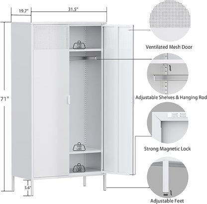 71 Inches White Metal Wardrobe Cabinet with Hanging Rod, Metal Armoire Wardrobe Closet with Doors for Bedroom, Office, Laundry Room and Changing Room, Metal Locker Cabinet