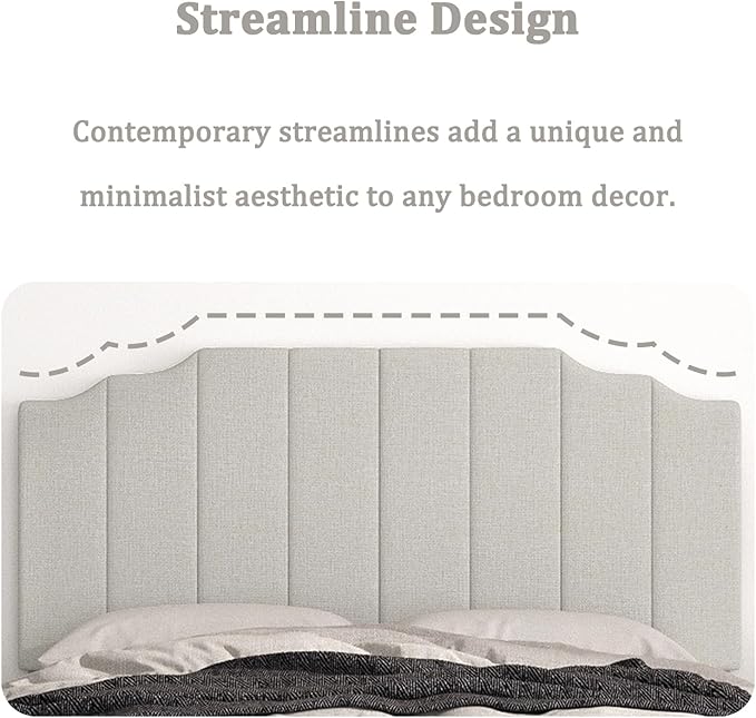 Queen Size Headboard Only, Linen Wall Mounted Headboard Queen/Full Size for Adjustable Bed, Modern Vertical Channel Design with Curved Tufted Upholstered Head Board, Linen Gray