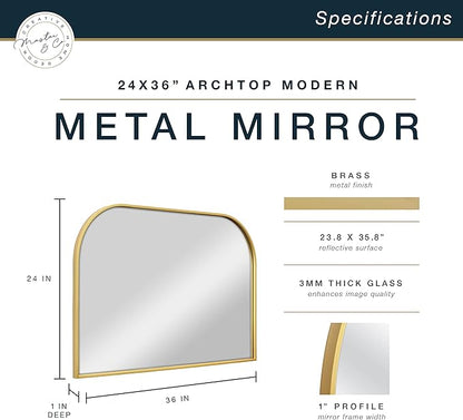 MCS Master & Co. Modern Metal Large Wall Mirror, Minimalist Home Decor Mantle Arch Mirror for Living Room, Bedroom, or Bathroom, 24 by 36 Inch, Brass