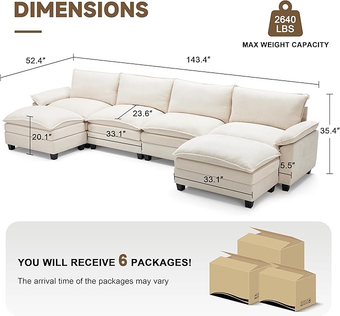 147 Inch Big Comfy Couch with Ottoman, 6 Seat U Shaped Couches, Cloud Modular Sectional Sofa, Modern Cloud Couch Sectionals, Sectional Couches for Living Room, Oversize Deep Seat Sofa, Beige