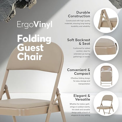 Oline Vinyl Folding Chairs, Padded Vinyl Cushion Chairs with Durable Metal Frame, Indoor Outdoor Stackable Foldable Guest Chairs for Office Wedding Kitchen Dining, 300lb Capacity (Khaki, 2 Pack)