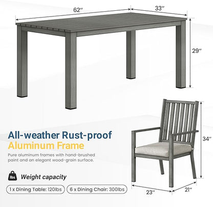 Wisteria Lane Aluminum 7 Pieces Patio Dining Sets, Outdoor Dining Table with 6 Chairs, Outdoor Patio Dining Furniture Set with Removable Cushion for Lawn, Garden, Backyard, Gray