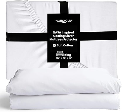 Miracle Made Mattress Protector – Silver-Infused Cotton Fabric – Water-Resistant, Thermoregulating Cover for Sensitive Skin – Compatible with 3-Temperature Zone Comforter, King, White