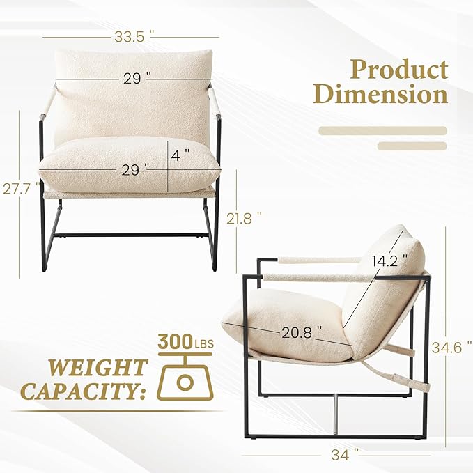 Furnilivng Large Sling Accent Chairs Set of 2, Comfortable Boucle Fabric Arm Chair, Upholstered Cozy Reading Chair for Living Room, Bedroom, Dressing Room, Home Office, White
