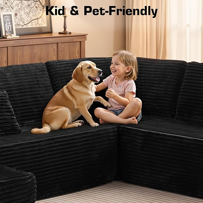 135.4'' U Shaped Sectional Couches for Living Room, Large Boneless Cloud Couch, Modern Modular Sofa Deep Seat Plush Corduroy, No Assembly Required,Plush Corduroy,Black