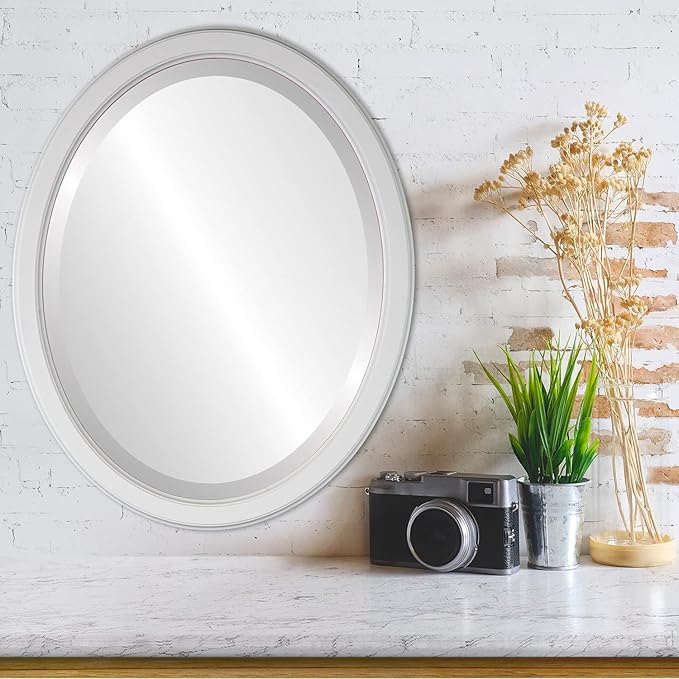 OVALCREST Oval Beveled Wall Mirror for Home Decor - Toronto Style - Linen White - 26" x 20"