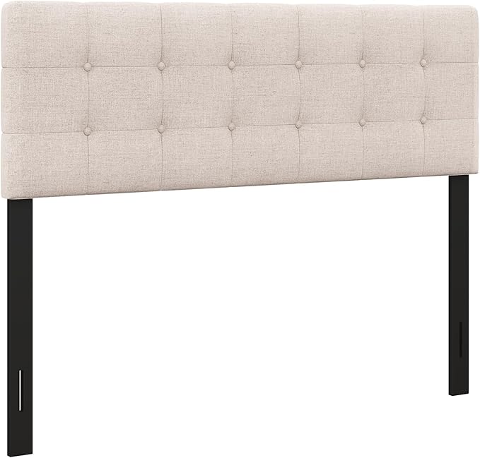 KOMFOTT Linen Upholstered Headboard for Full & Queen Size Bed Frame, Tufted Button Bed Headboard with Solid Rubber Wood Legs, Rectangular Headboard with Adjustable Width, Beige