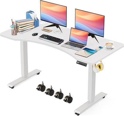 Electric Standing Desk 55x24 in with Wheels, Adjustable Height 27-46 in, Ergonomic Sit-Stand Desk with Curved Desktop and Smooth Motor, Spacious and Sturdy Workstation for Home Office（White