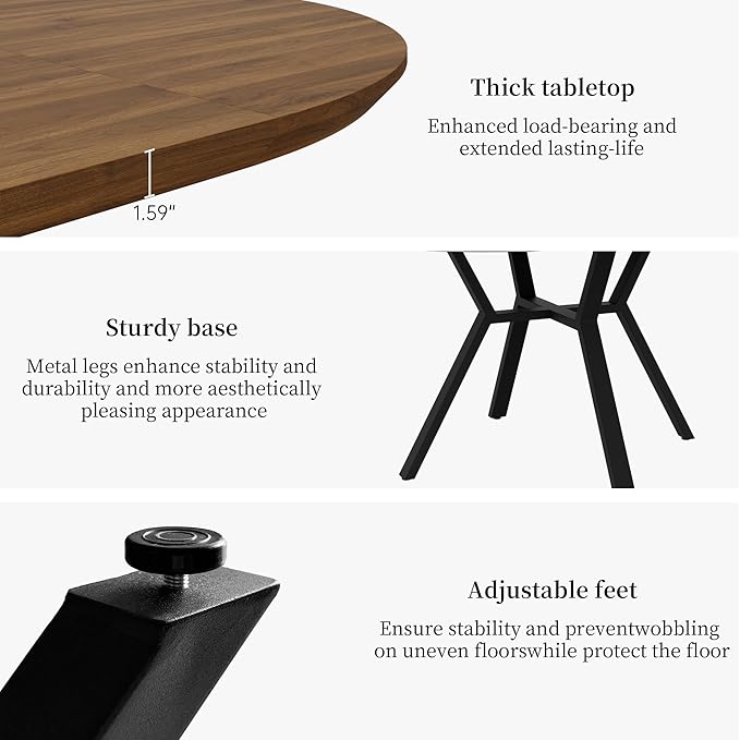 Extendable Round Dining Table Set for 4 People, 43.3"-59.1" Extendable Kitchen Table with 4 Upholstered Chairs, Space Saving for Kitchen Dining Room (Walnut Table+4 U-Shaped Black Chairs)