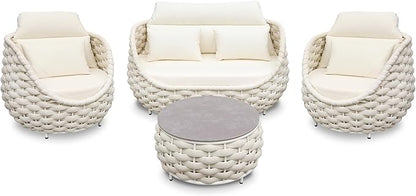 Metal Backyard Furniture Set: Aluminum Assembled Front Porch 4 Pieces Outdoor Set - Woven Rope Patio Conversation Set Modern - Cushioned Deck Couch Set Garden Sunroom Pool Hotel Resort, Beige