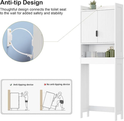 Bathroom Over The Toilet Storage Cabinet,Farmhouse Over The Toilet Storage with 2 Wave-Pattern Doors and Open Storage Shelf,Space Saver Behind Toilet Bathroom Organizer for Restroom/Laundry