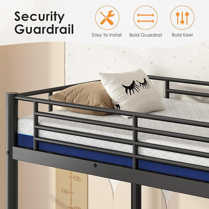 Bunk Bed Twin Over Twin with 6'' Mattresses Included, Heavy Duty Metal Bunk Bed Frame with Angled Ladder for Teens and Adults, for Spaces-Saving, Smooth Rounded Edges, Black