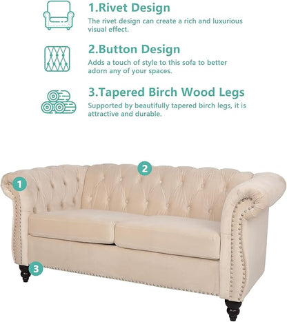 Velvet Sofa Couches Set, 3-Piece Mid Century Modern Upholstered Couch with Cushions, Home Sofa Sectional Furniture Sets, Comfy Tufted Chesterfield Couches for Living Room, Bedroom, Office