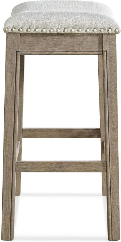 ROME + OAK Set of 4 Parker 26" Counter Stool, Backless Saddle Kitchen Barstool in Reclaimed Oak Finish with Ash Grey Fabric Upholstery Cushion Seat
