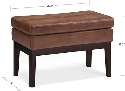 SIMPLIHOME Carlson 2-inch Wide Vegan Faux Leather Small Ottoman Bench in Distressed Black with Solid Wood Frame for Living Room, Entryway, or Bedroom