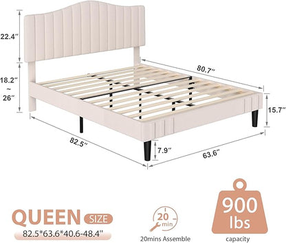 VECELO Queen Size Bed Frame Upholstered Platform Beds with Height-Adjustable Teddy Fabric Headboard, Strong Wood Slats 7.9'' Under Bed Storage Space Noise-Free No Box Spring Needed, Cream