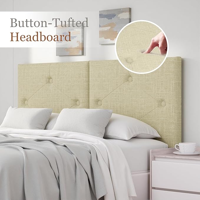 Upholstered King Size Headboard, Linen Fabric Headboard with Solid Wood & Sturdy Metal Legs, Adjustable Height Bed Headboards King Tufted in Modern Button Design, Linen