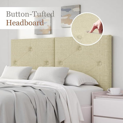 Upholstered King Size Headboard, Linen Fabric Headboard with Solid Wood & Sturdy Metal Legs, Adjustable Height Bed Headboards King Tufted in Modern Button Design, Linen