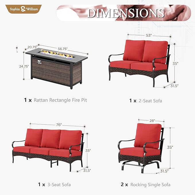 Sophia & William Patio Furniture Set with Fire Pit Table, 5 PCS Metal Outdoor Conversation Set with Fire Pit Table, 2 Sofa Chairs,1 Loveseat, 3-Seater Couch for Outdoor Seating, Backyard, Porch(Red)