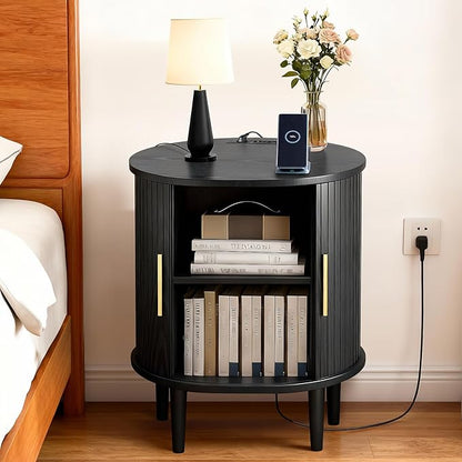 Nightstands Set of 2 & Charging Station, Fluted Accent Side Table with Sliding Door & Adjustable Shelf, Mid-Century Modern End Table for Small Space, Living Room, Bedroom (2, Black)