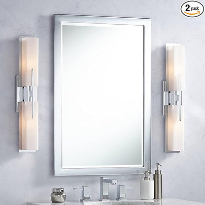 Possini Euro Design Midtown Modern Wall Lights Set of 2 Chrome Silver Metal Hardwired 4 1/2" Fixture White Glass Rectangular Shade for Bedroom Bathroom Vanity Living Room Home Hallway Dining House
