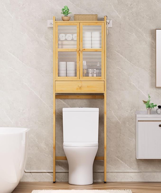Over The Toilet Storage Cabinet: Bathroom Organizer Shelf with 1 Drawer and 2 Doors - Bamboo Saver Space Freestanding Rack for Restroom