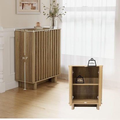 Natural Storage Cabinet Set, Freestanding Floor Cabinet 23.6” Farmhouse Sideboard with 2 Fluted Doors Wooden Buffet Cabinet Media Console Table Credenza for Living Room Dining Room Hallway, Singe