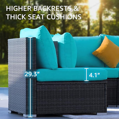 NICESOUL Extra-Large 9 Pcs Outdoor Patio Furniture Set with Fire Pit Table Natural Gas/Propane, 29.3'' High Back Deep Wide Modular Sofa Conversations with Fireplaces, 2 Color Cushion Teal Blue & Grey