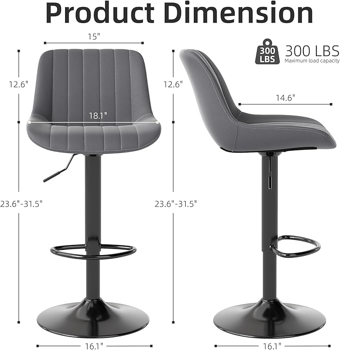 Youhauchair Bar Stools Set of 4, Swivel Counter Height Barstools with Back, Adjustable PU Leather Bar Chairs, Modern Armless Kitchen Island Stool, Dark Grey