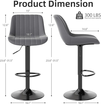 Youhauchair Bar Stools Set of 3, Swivel Counter Height Barstools with Back, Adjustable PU Leather Bar Chairs, Modern Armless Kitchen Island Stool, Dark Grey