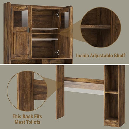 Vabches Over The Toilet Storage Cabinet, Bathroom Shelf Over Toilet with Glass Doors and Adjustable Shelves, Brown Freestanding Home Space Save Toilet Rack, for Restroom, Bathroom, Laundry