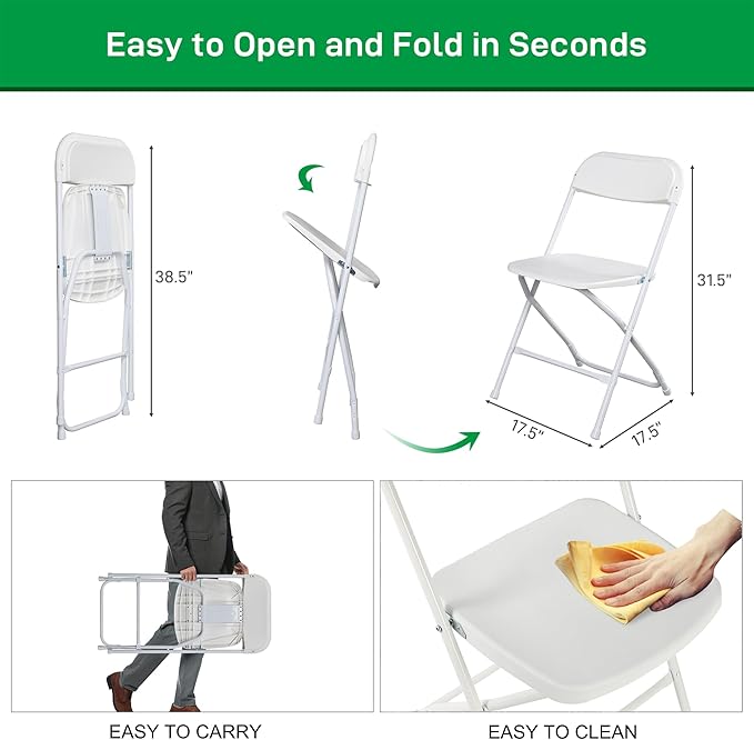 20 Pack White Heavy Duty Plastic Foldable Chair, Stackable Chairs with Reinfoced Steel Frame for Indoor and Outdoor, Wedding, Party, Restaurant, Meeting Room, Patio