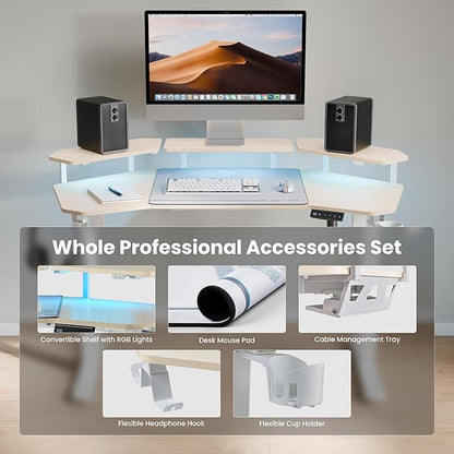 EUREKA ERGONOMIC Aero 55 Inch W Shaped Electric Standing Desk, Height Adjustable Computer Gaming Desk with LED Monitor Shelf, Mouse Pad, Headphone Hook, Cup Holder, Natural Maple